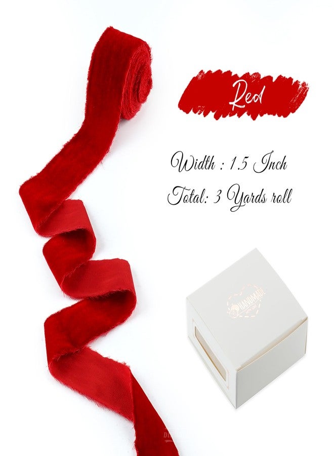 DINDOSAL Red Velvet Ribbon for Christmas Decorations 1.5 Inch Raw Edge Rustic Frayed Silk Velvet Ribbon for Gift Wrapping Boho Wedding Vow Books -3yards - Image 2